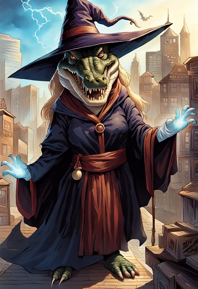 Kaiju Crocodile Witch in Comic Book Art Style