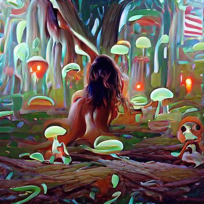 Neon Nude Girl in Mushroom Forest, Oil Painting