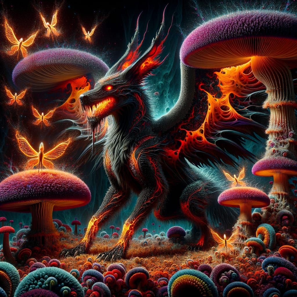 Dragon-Doberman Hybrid with Bioluminescent Flora