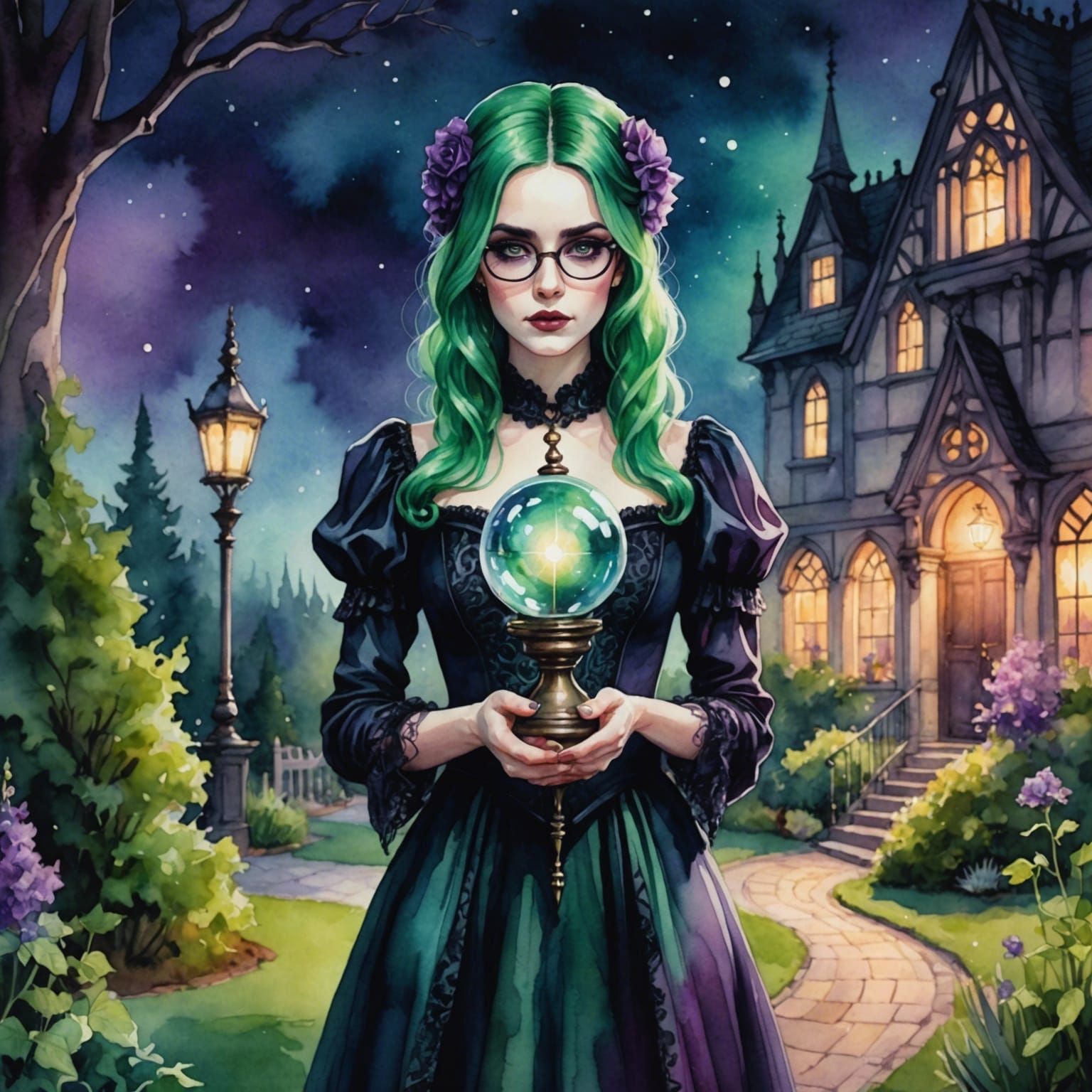 Green-Haired Woman with Light, in Watercolor Style