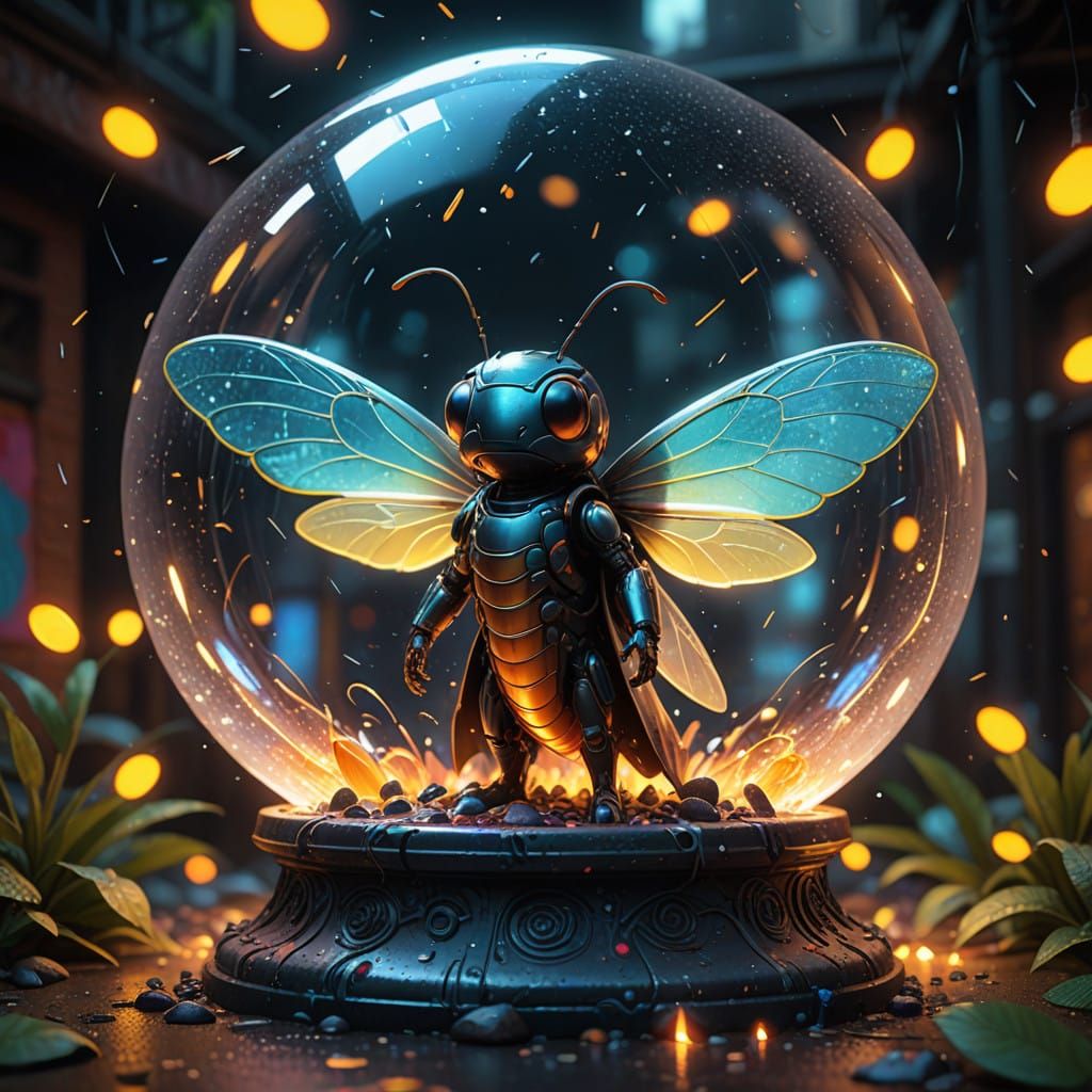 Glowing Firefly in Whimsical Snowglobe Scene