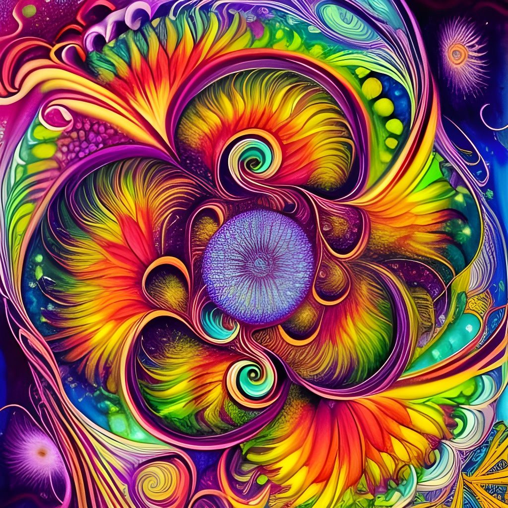 Psychedelic Dahlia Fibonacci Spiral in Mixed Media