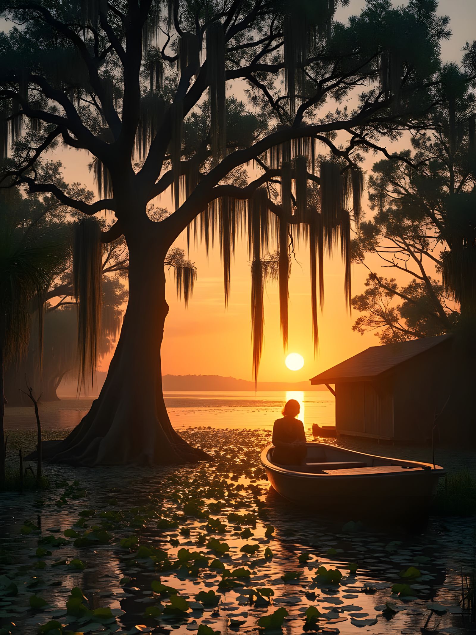 Captain Marvel in Swampy Cypress Landscape at Sunset