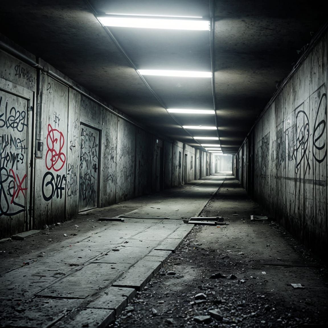 Eerie Tunnel with Bizarre Graffiti in Black and White