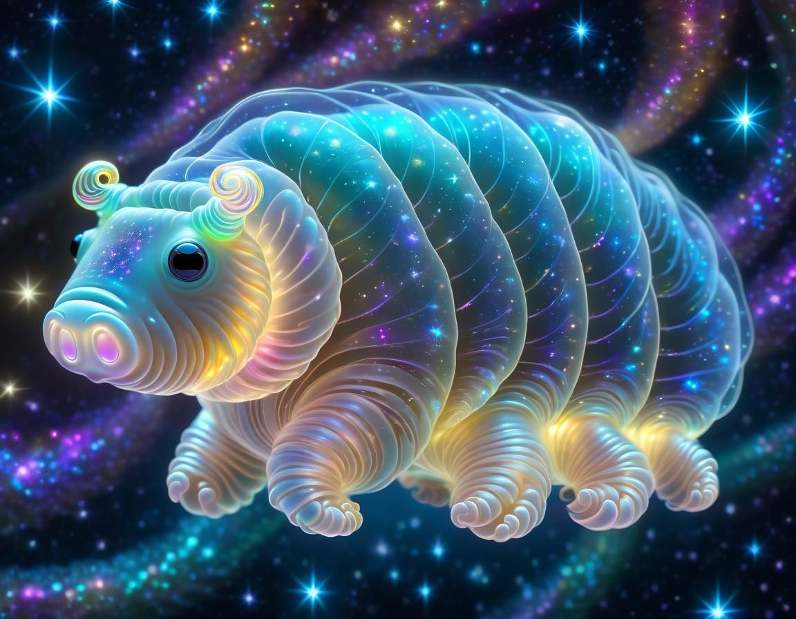 Bioluminescent Tardigrade Flies Through Starry Galaxy