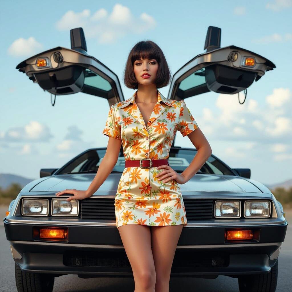 Retro Future Woman and DeLorean Time Machine