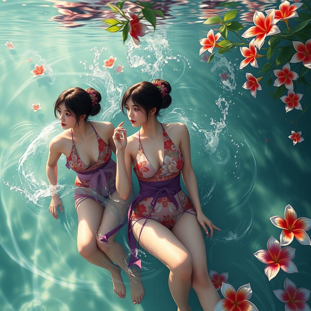 Ethereal Japanese Goddesses Swim in Dreamlike Paradise