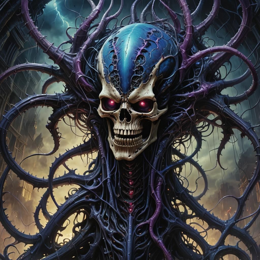 Biomechanical Alien Skull in Dark Fantasy Style