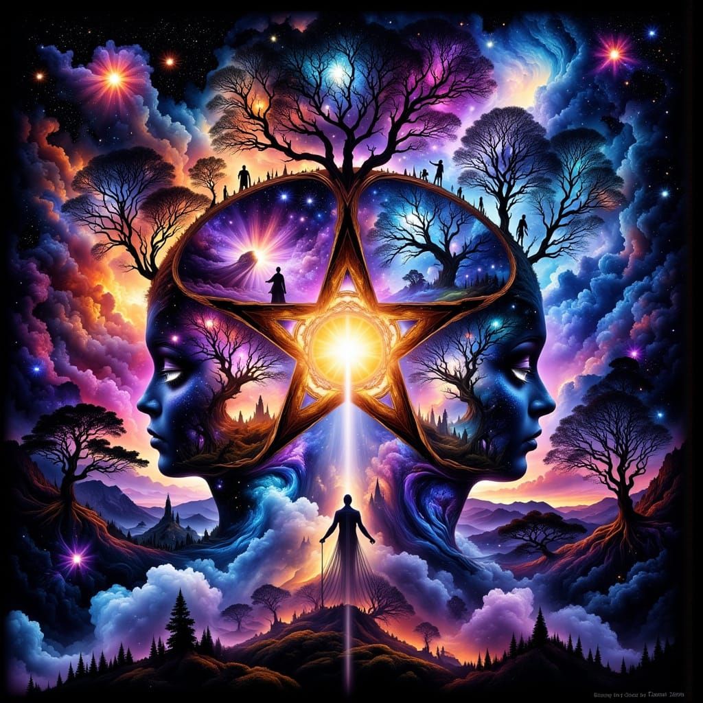 Surreal Multiverse Pentagram Radiates Vibrant Neon Colors