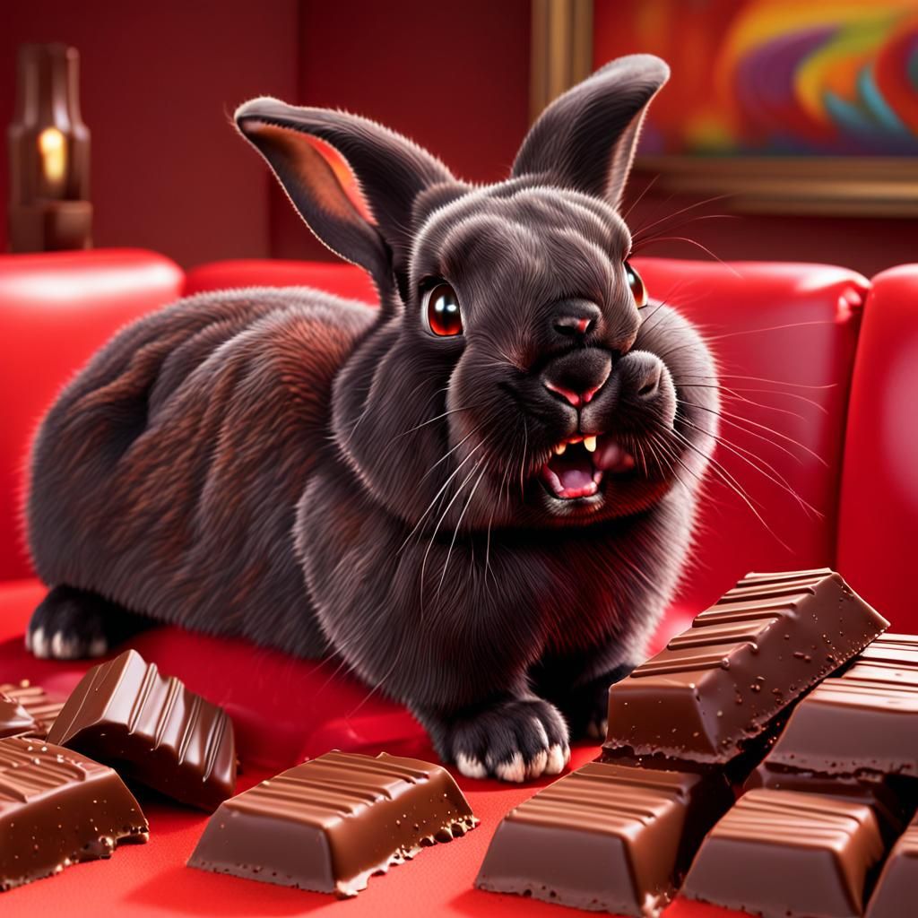 Fluffy Black Bunny Bites Chocolate: Hyperrealistic Art