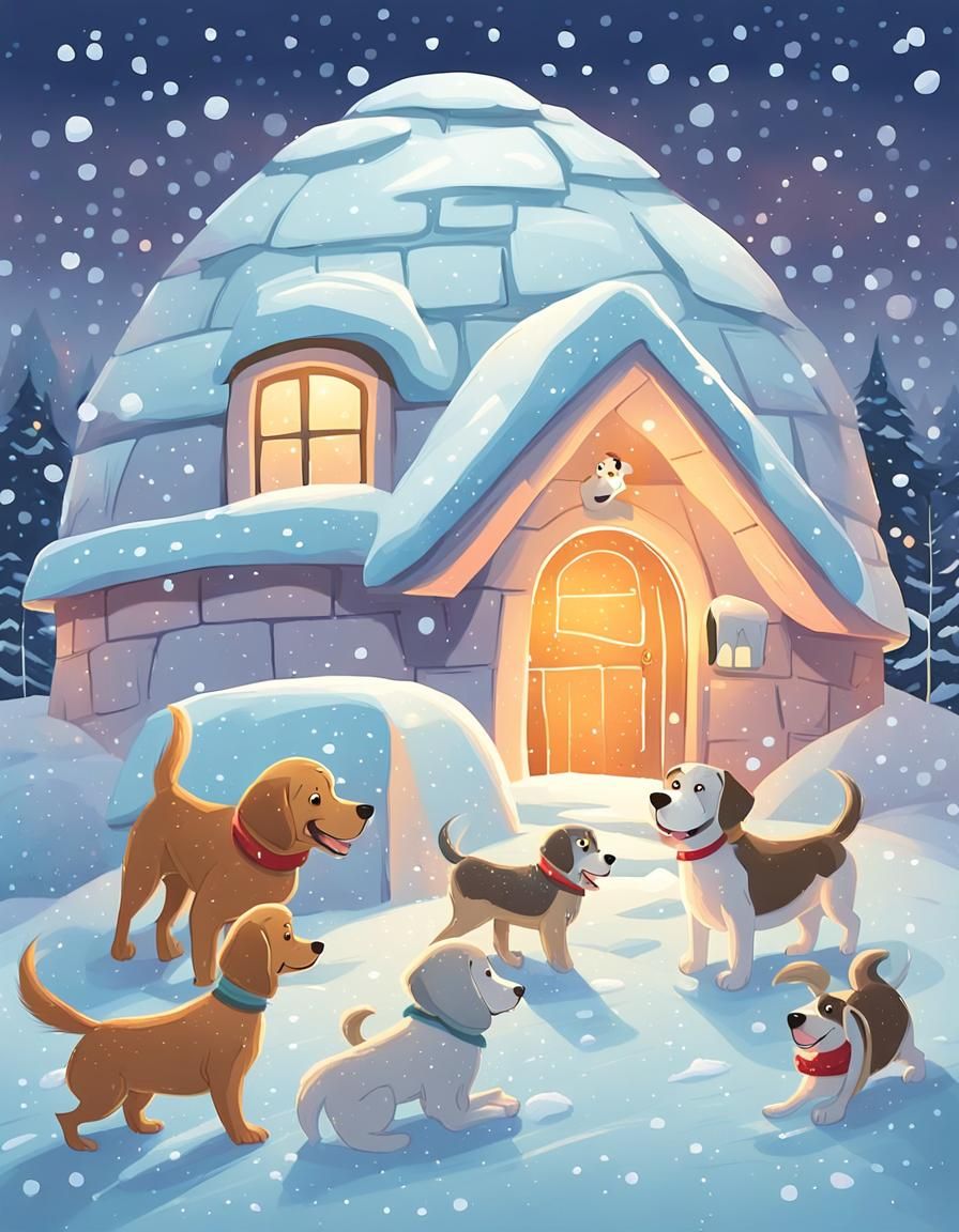 Dogs Playing in Snow: Whimsical Cartoon Illustration