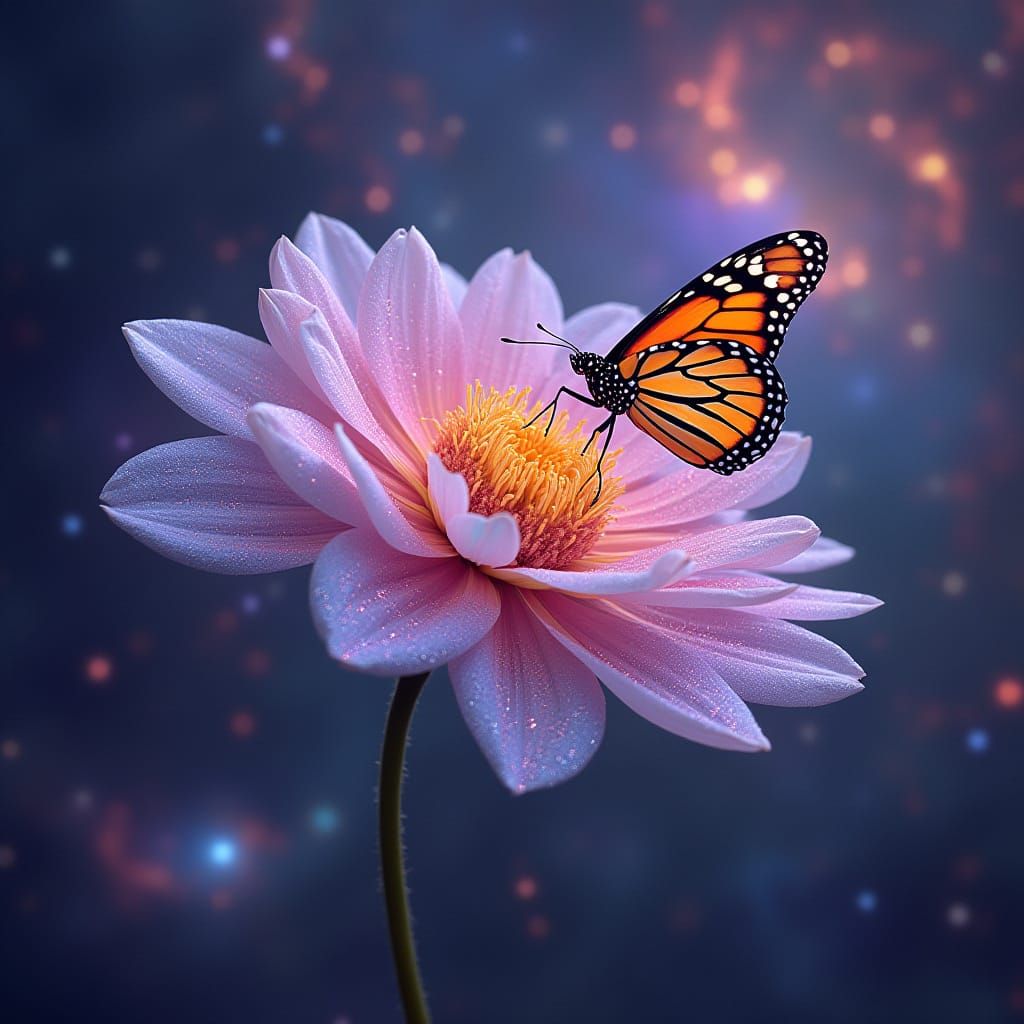 Ethereal Cosmic Bloom with Majestic Monarch Butterfly