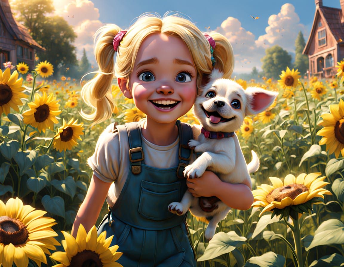 Joyful Girl and Puppy in Vibrant Sunflower Meadow