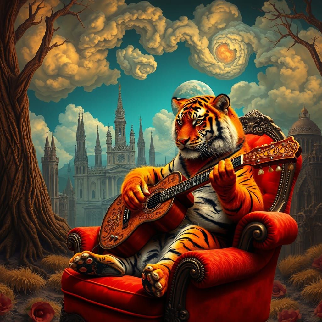 Fluffy Tiger Plays Guitar in Whimsical Dreamscape