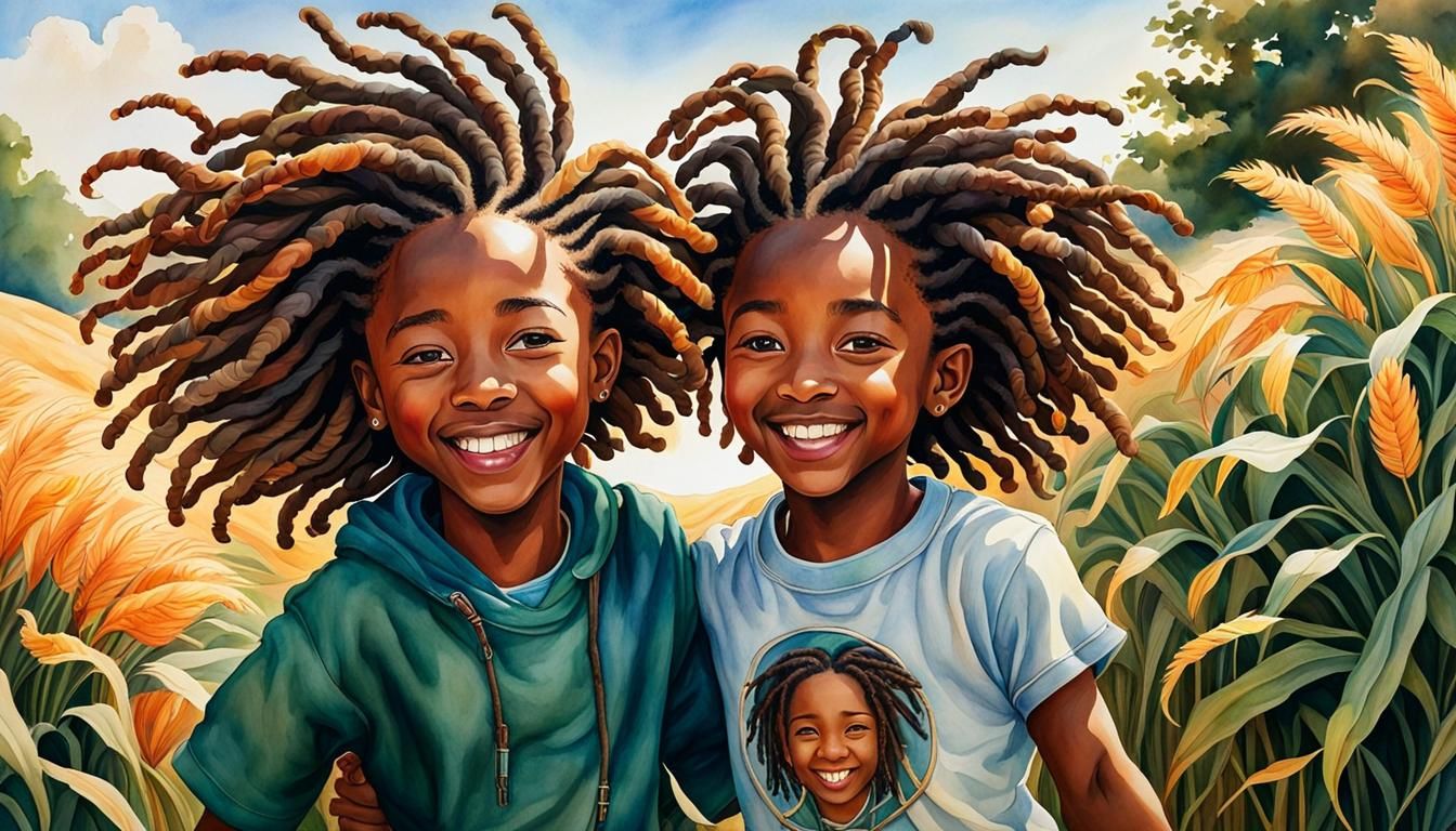 Joyful Twin Boys with Locs: Hyper-Realistic Watercolor