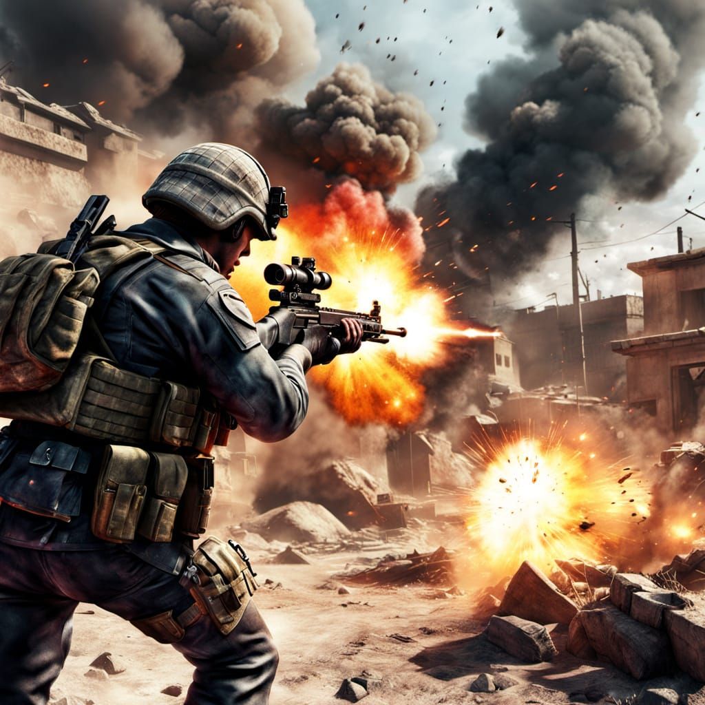 Hyper-Realistic Soldier in War Zone Digital Art