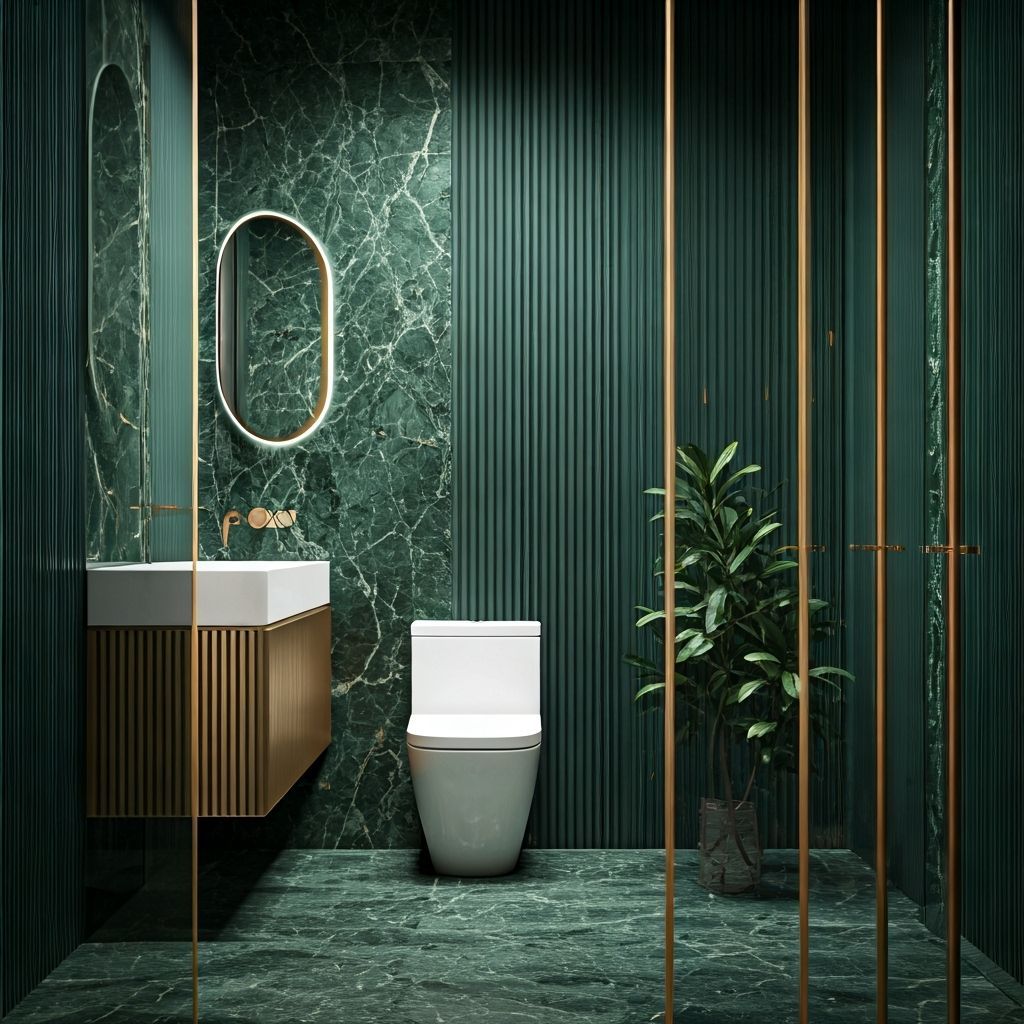 Elegant Minimalist Bathroom with Green Marble and Brass Acce...