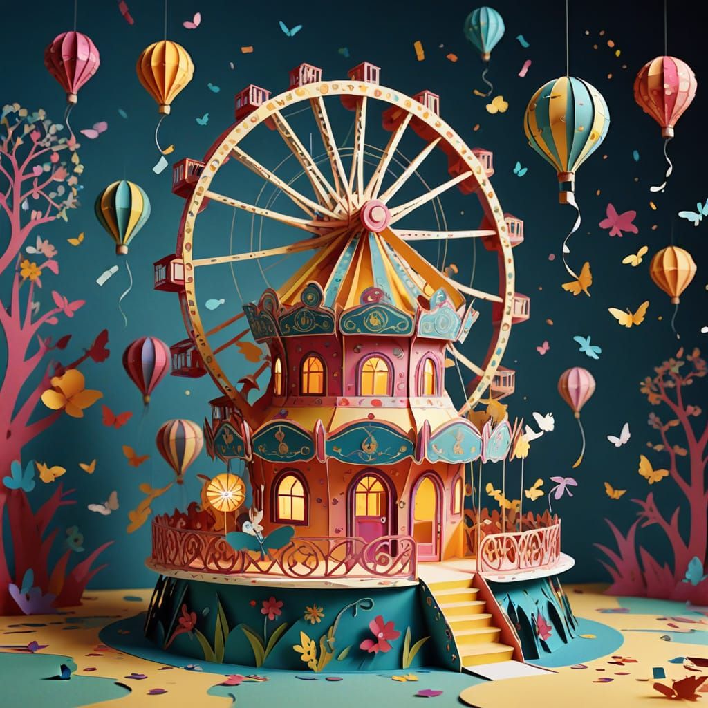 Whimsical Paper Carnival Pop-Up with Moving Rides