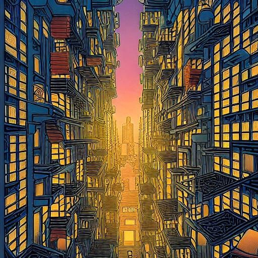Intricate City Apartment Maze in Comic Book Art Style