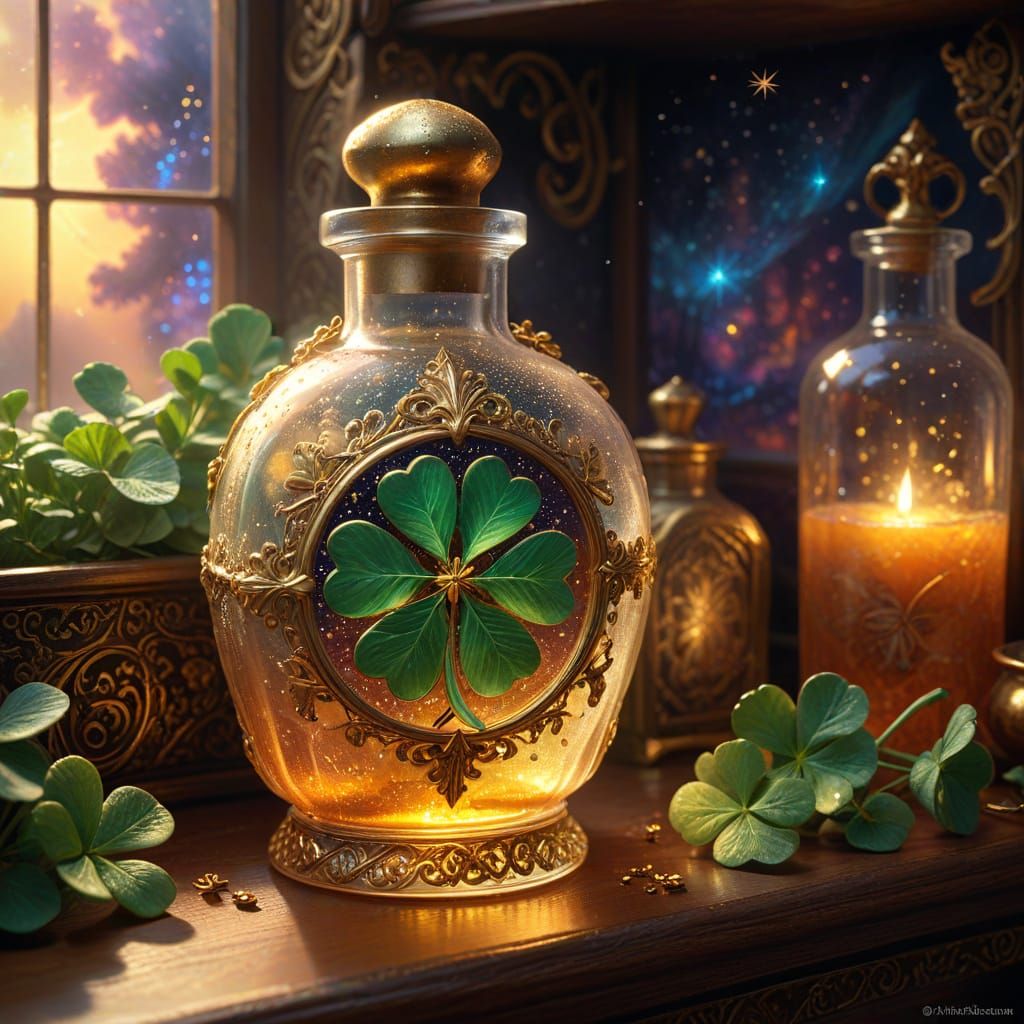 Glowing Golden Potion in a Cosmic Fantasy Setting