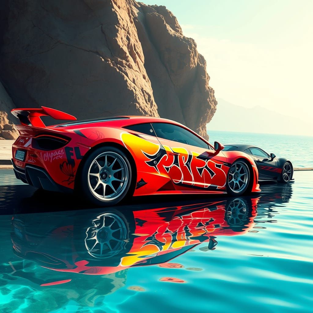 Sleek Sports Cars Clash by Turquoise Sea in Cyberpunk Style