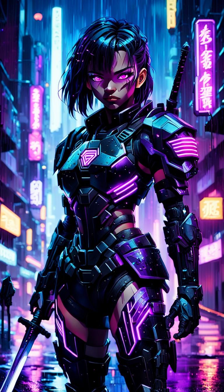 Cyberpunk Anime Warrior in Rainy Cityscape