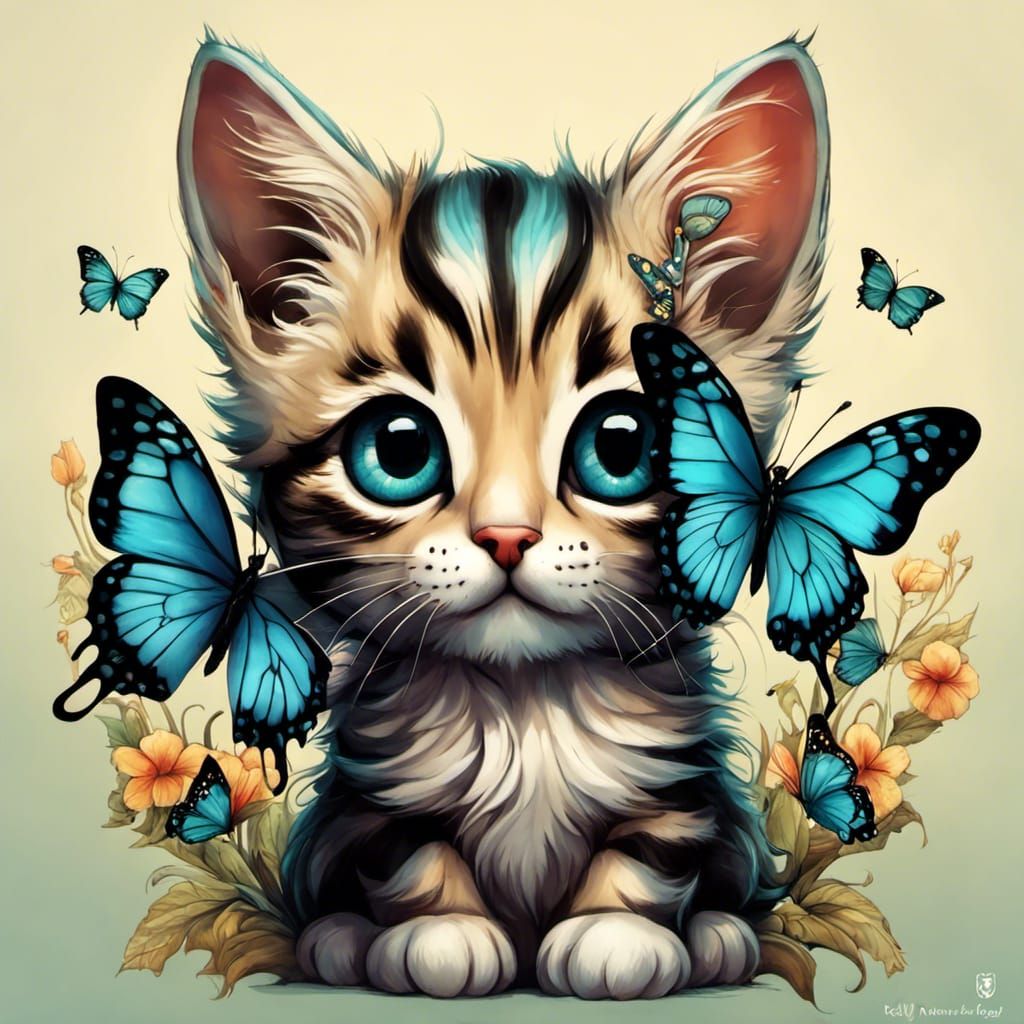 Kitten with Butterfly, Art Inspired by Yuumei