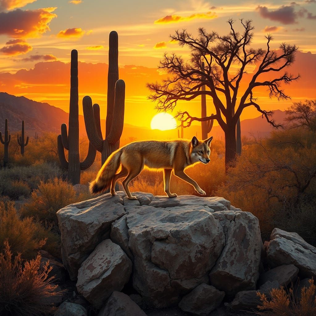 Sonoran Desert Wildlife Scene in Vibrant Sunset Light