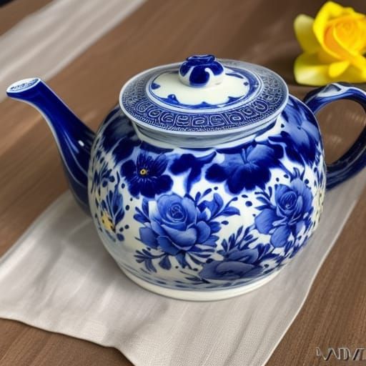 Delftware Teapot and Yellow Rose Watercolor
