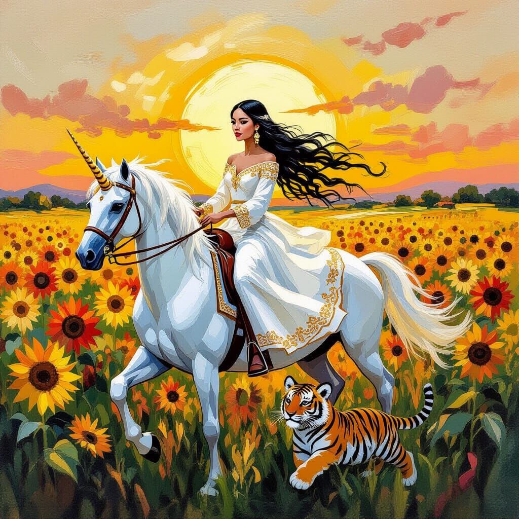 Woman Rides Unicorn Through Sunflowers as Impasto Painting