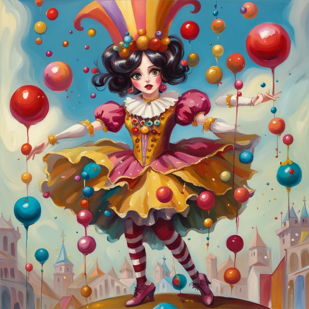 Medieval Jester Juggling: High-Detail Oil Painting