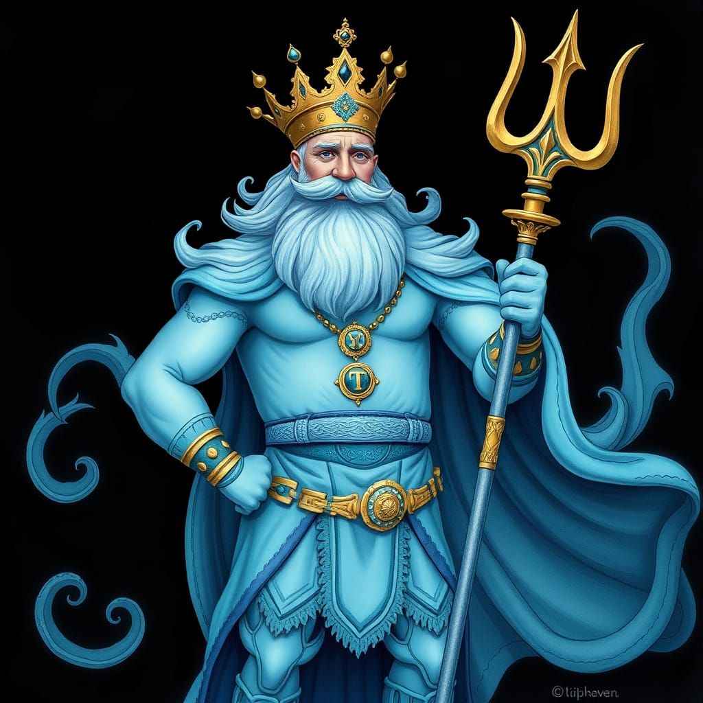 mystical figure of a smiling, friendly king triton as seen in disney's little mermaid movie.  he is in sky blue and stan...