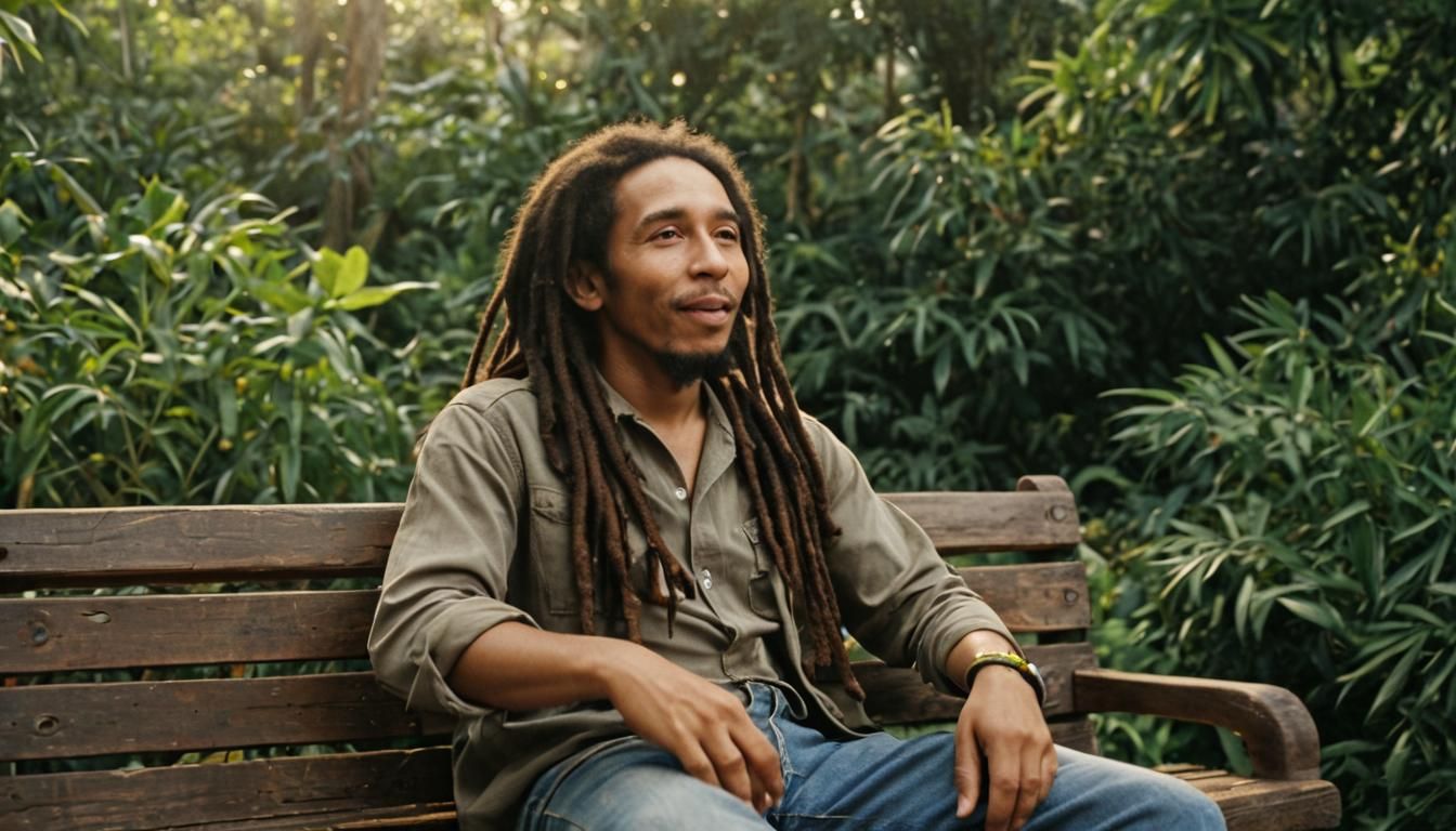 Bob Marley Relaxing in Lush Greenery: Film Still