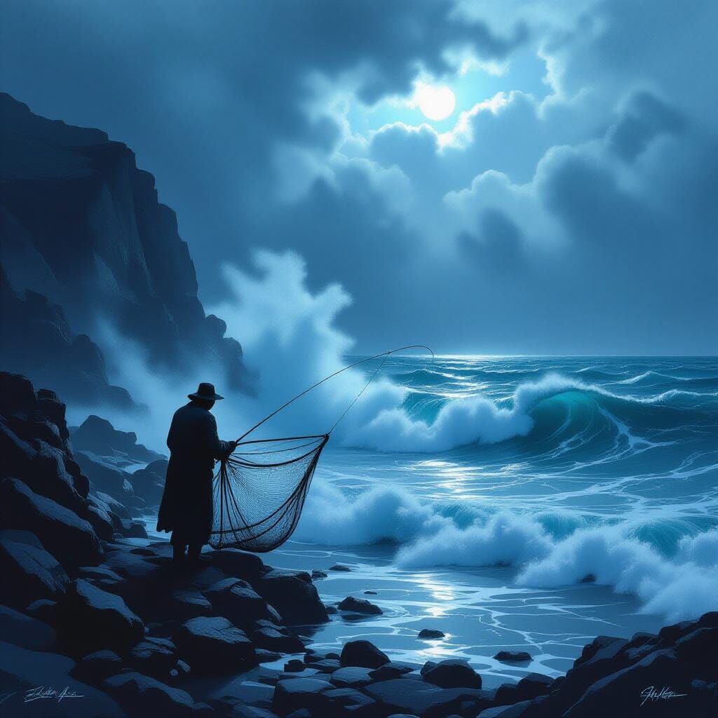 Fisherman Casting Net Into Stormy Sea with Dramatic Lighting