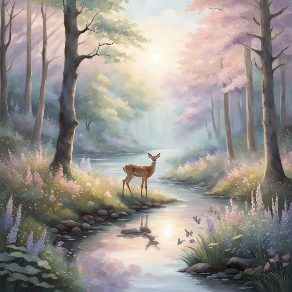 Enchanting Forest Dawn With Fawn By Stream
