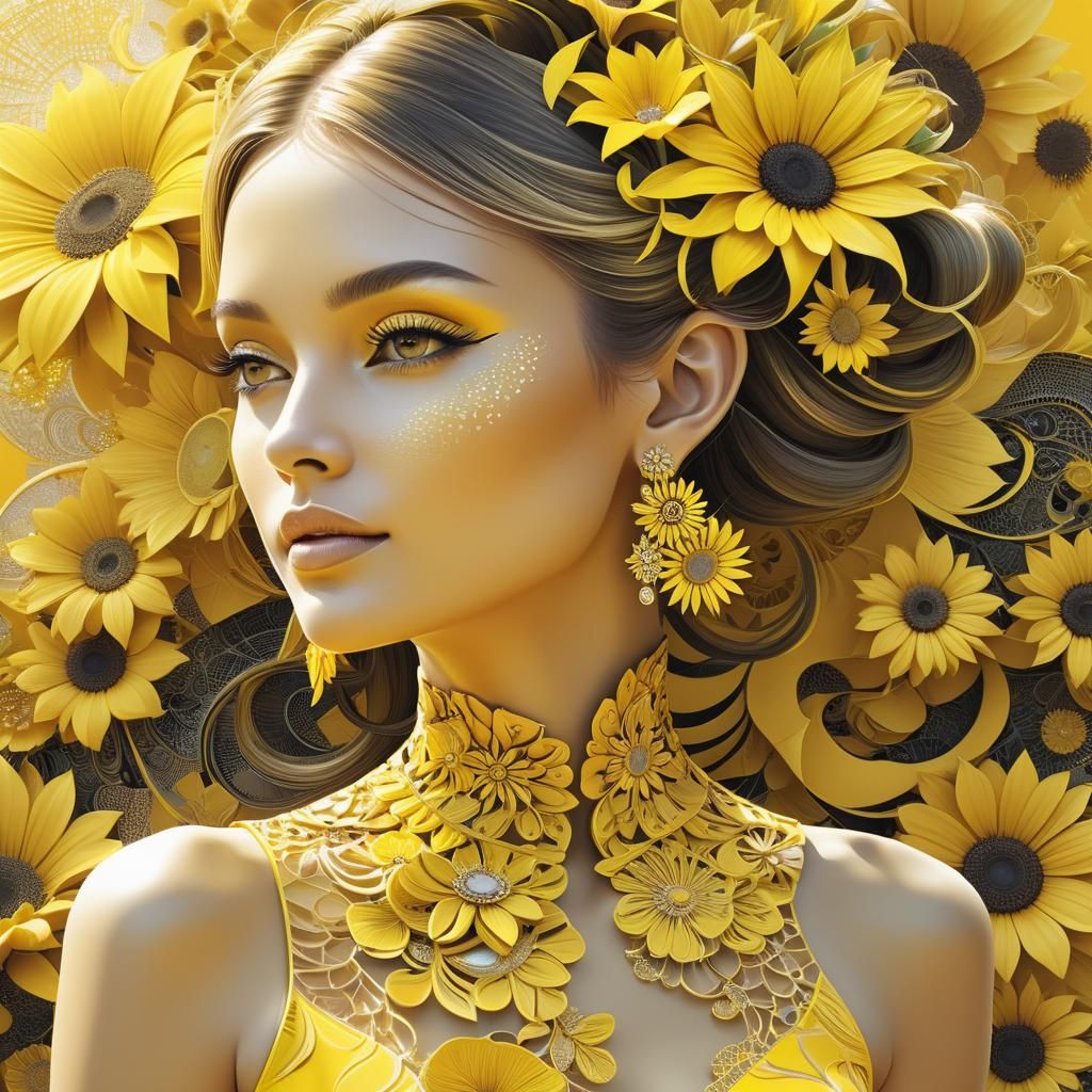 Girl in Sunflowers: Abstract Fractal Illustration