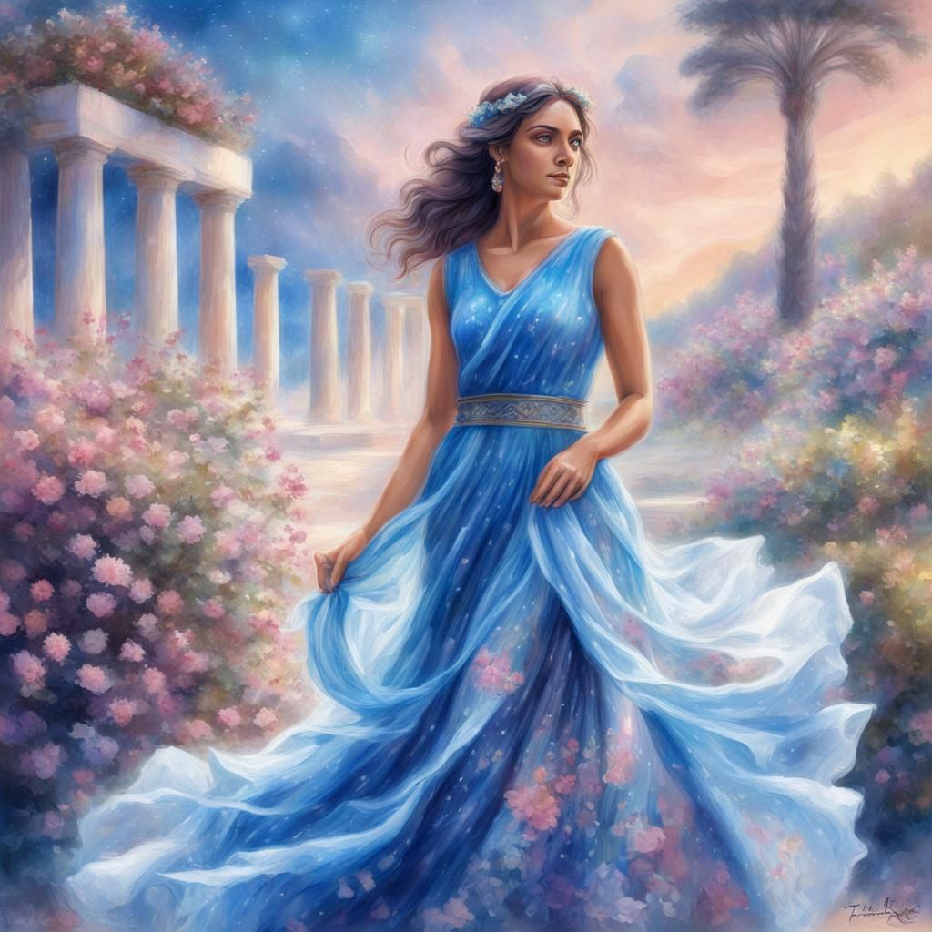 Pencil Sketch of a Beautiful Greek Woman in a Greek Blue dress