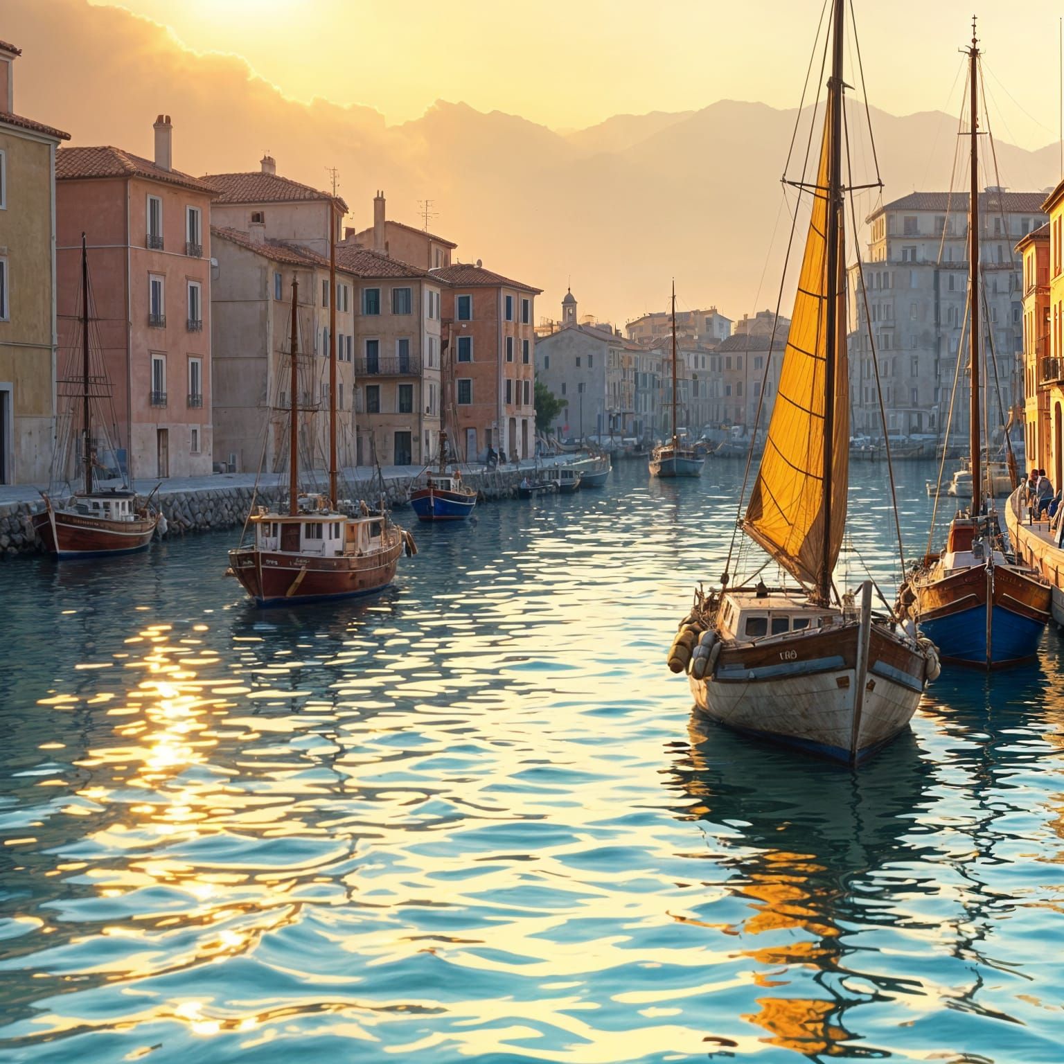 Mediterranean Harbor at Sunrise with Fishing Boats