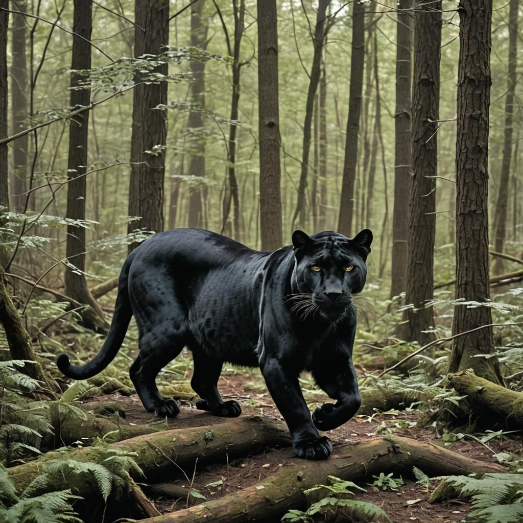 Panther in Burning Woods: Gouache Watercolor Masterpiece