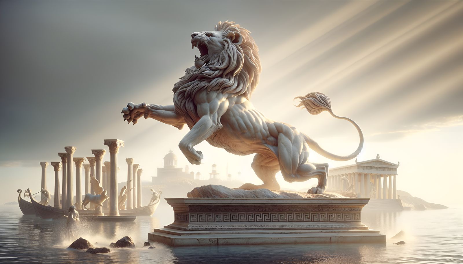 Greek Lion Sculpture in Ancient Athens Harbor