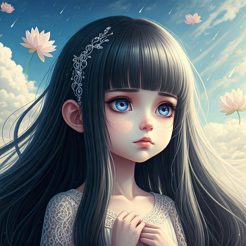 Ethereal Girl with Violet Eyes in Dreamscape