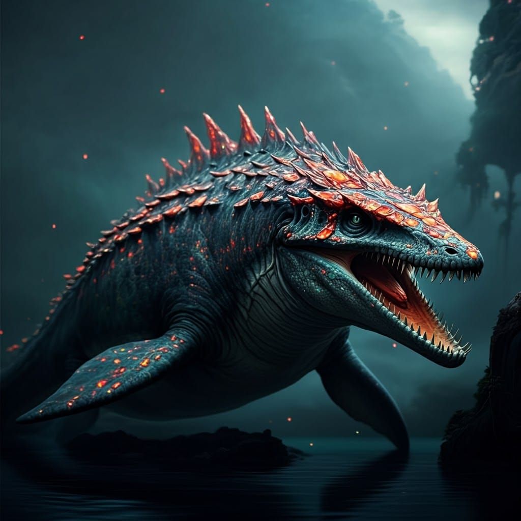 Red Opal Mosasaur in Dreamlike Environment