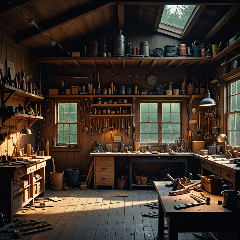 Carpenter's Workshop in Hyperrealistic Digital Art Style