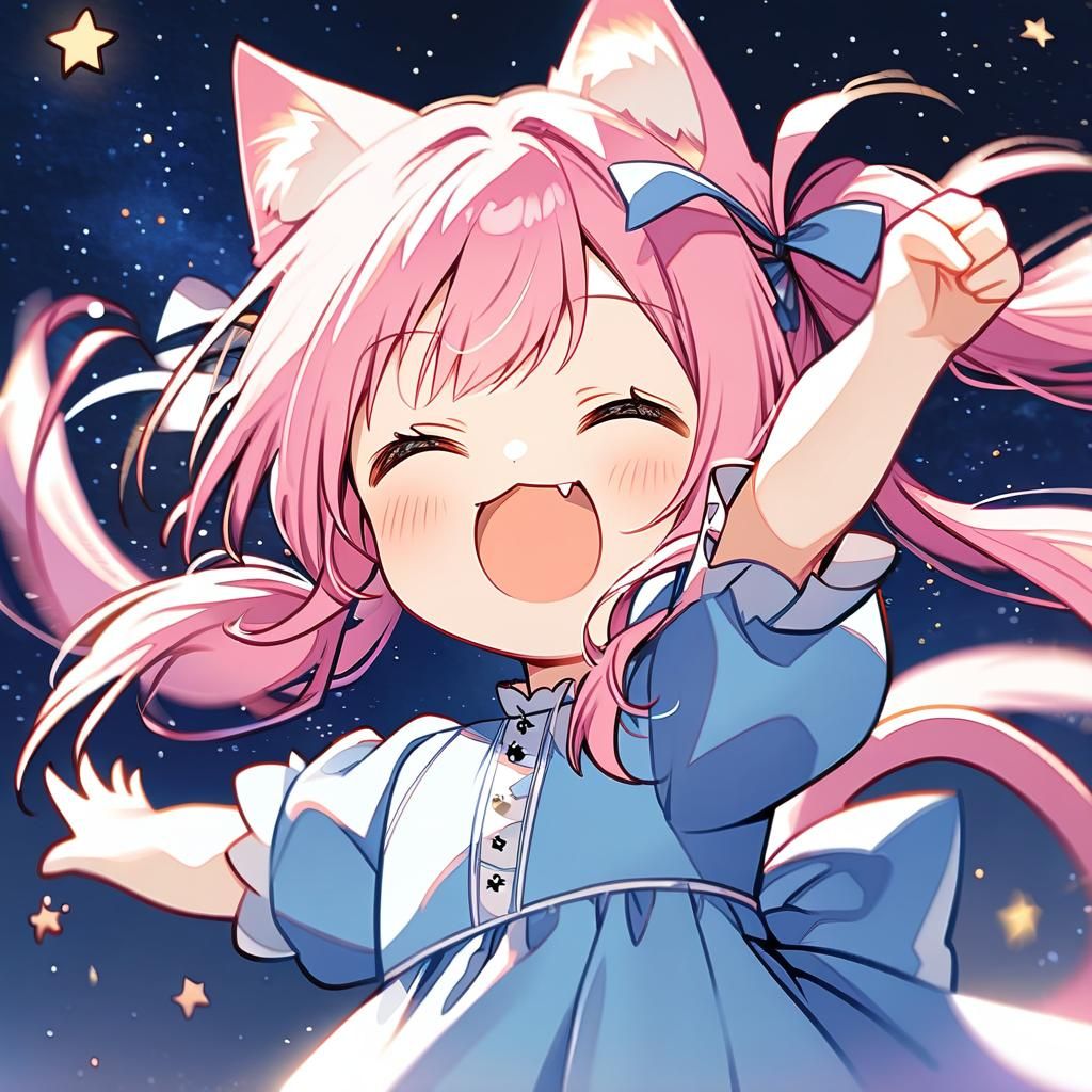 Adorable Catgirl Jumps in Starry Sky