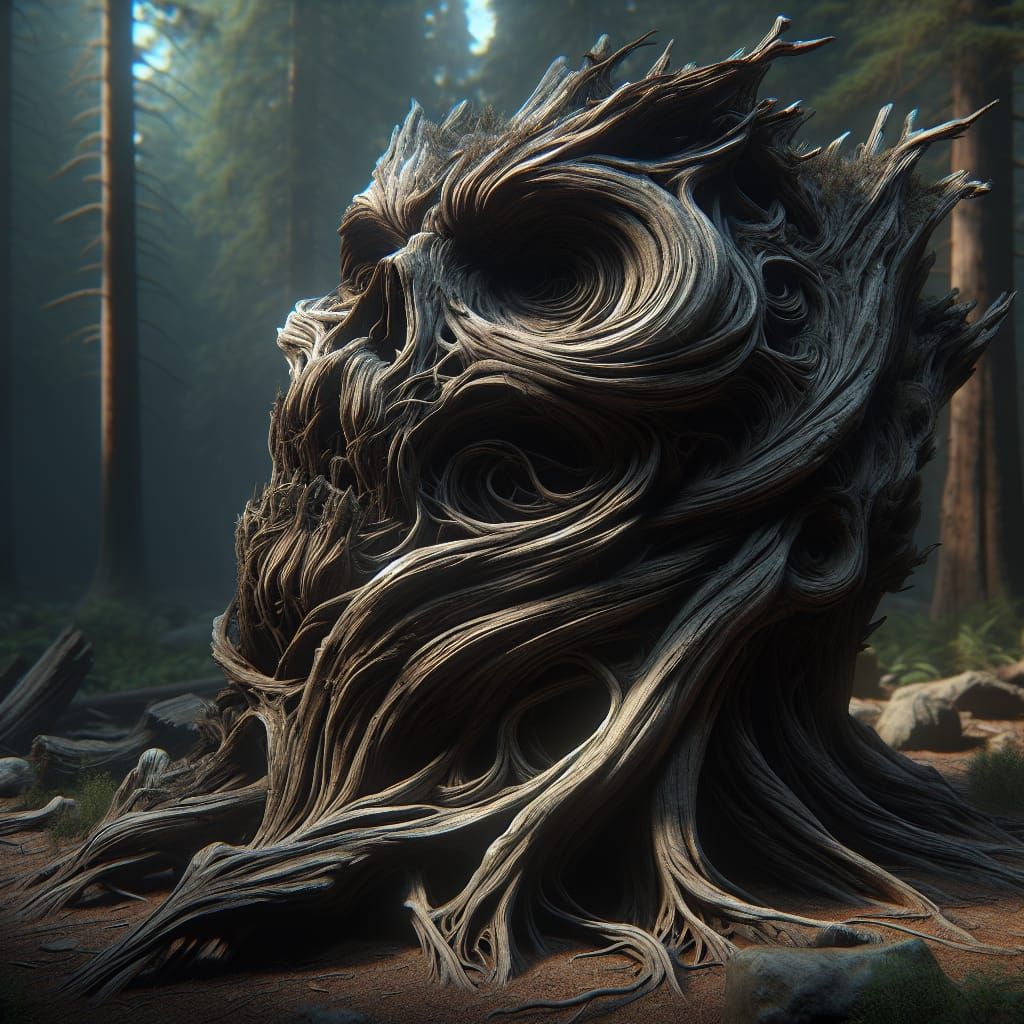 Gnarled Tree Stump Transformed into Human Head in Dark Fores...