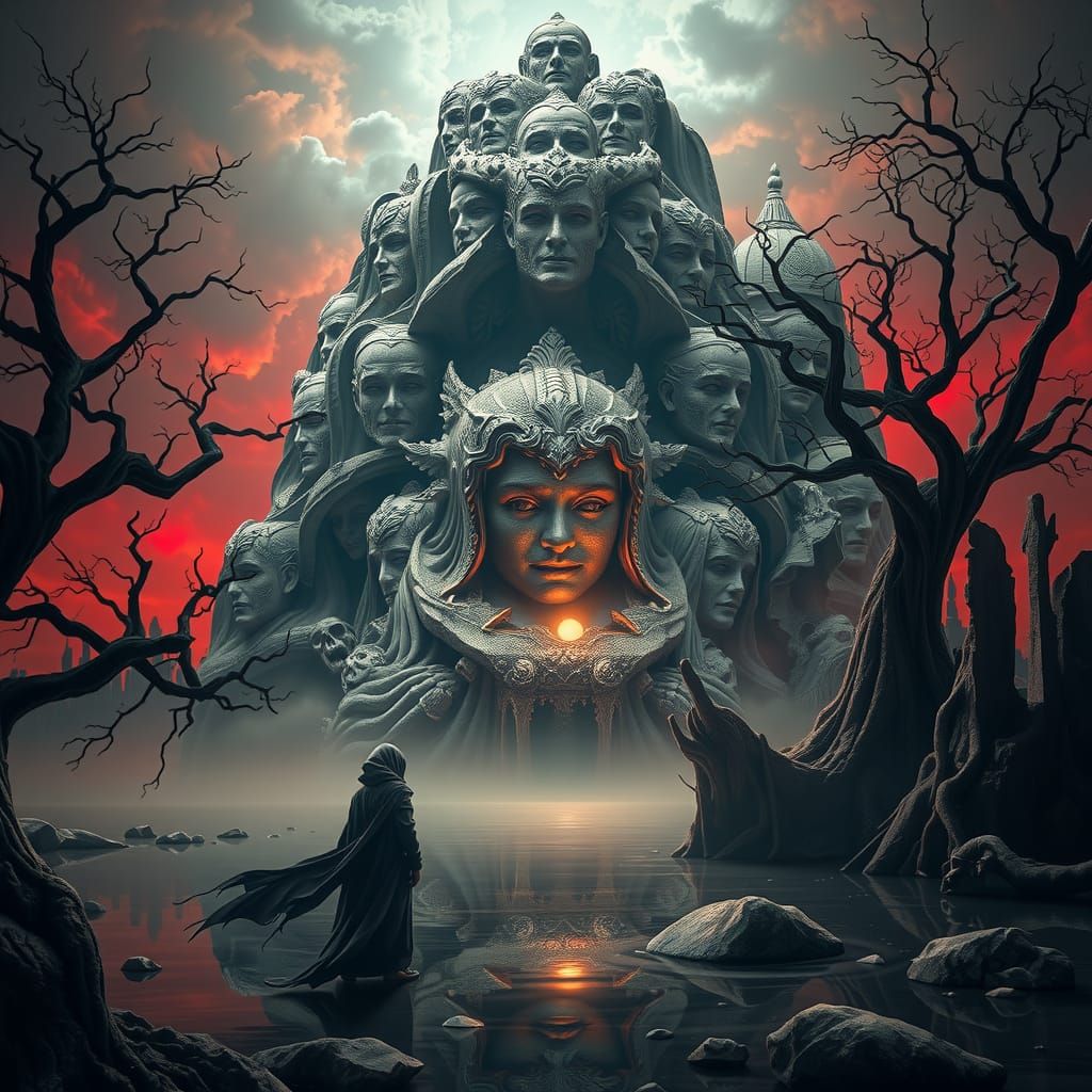 Surreal Dreamscape: Mountain of Faces in 3D Rendering