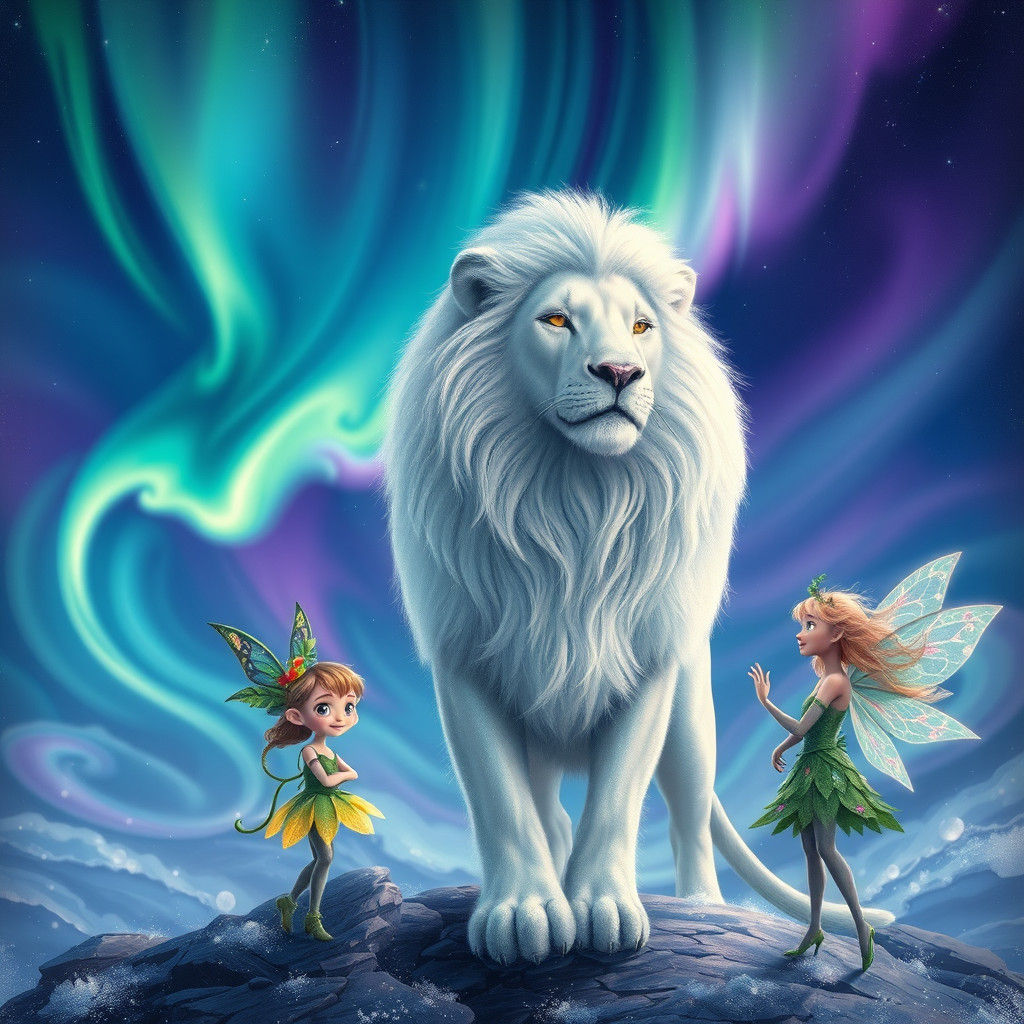 Glittering Lion and Tree Fairies Under Northern Lights