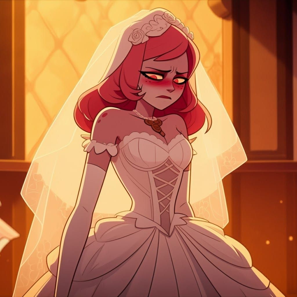 Lute in Lace Wedding Dress, Blushing with Annoyance