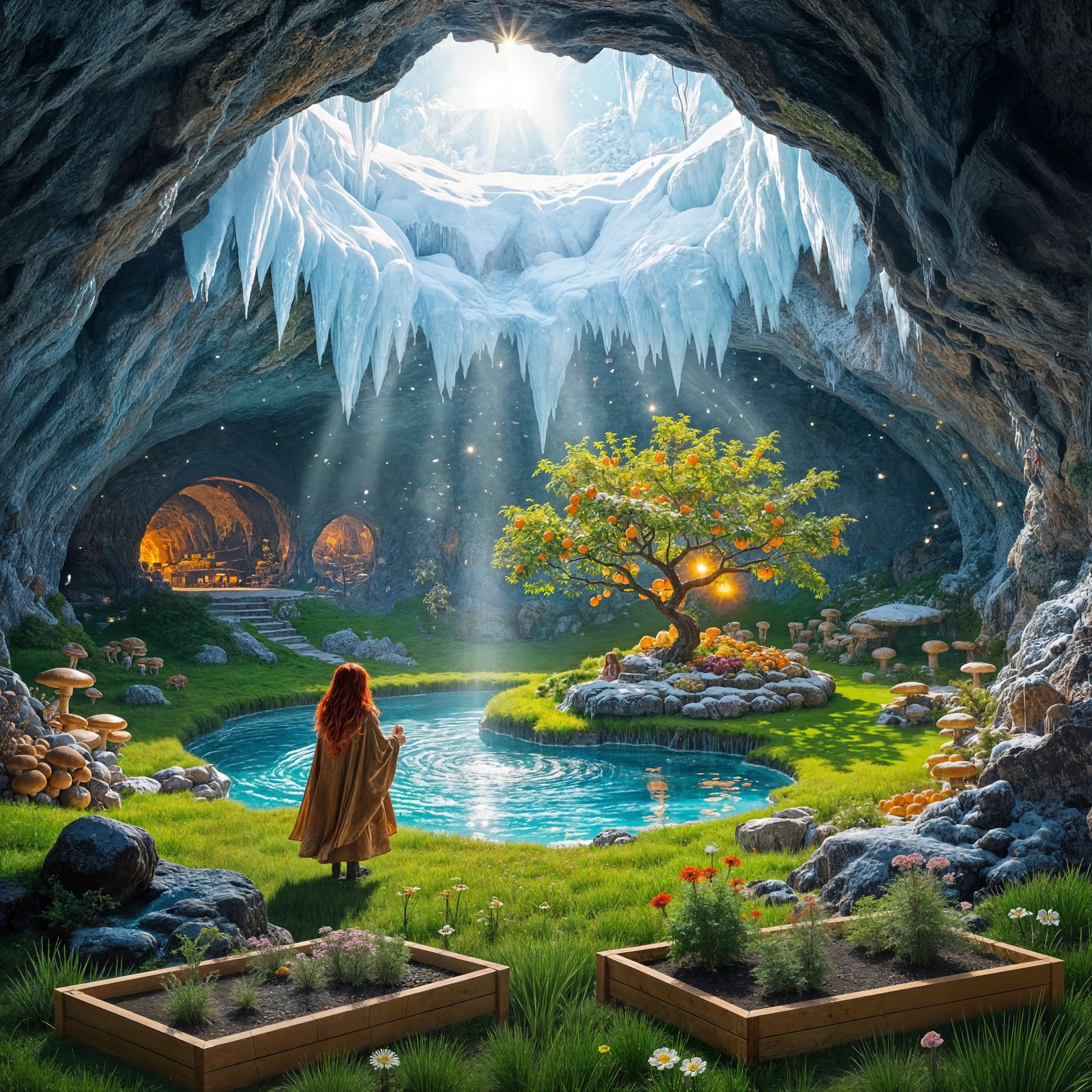 Girl Tends Greenhouse in Icy Desert Cave with Hot Spring