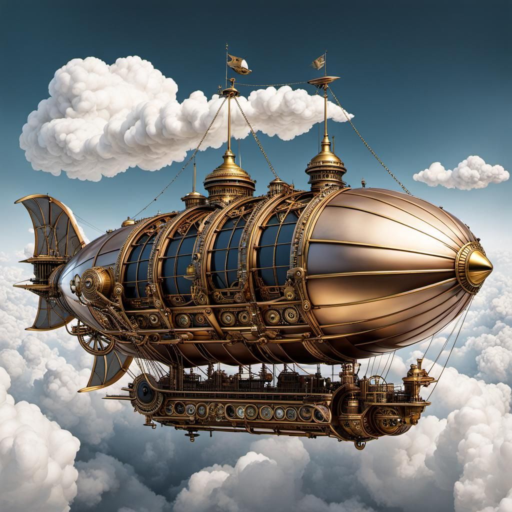 Victorian Steampunk Airship Soars Through Clouds